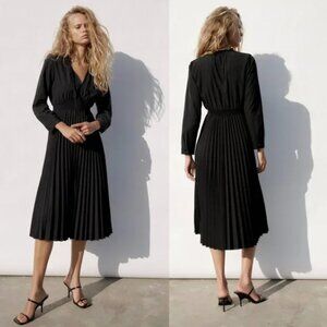 ZARA Pleated Poplin Black Midi Dress – Size M | Elegant & Flowy